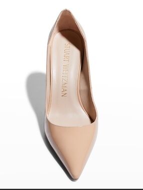 Stuart Weitzman Beige Patent Leather Pointed-Toe Pumps with dust bag